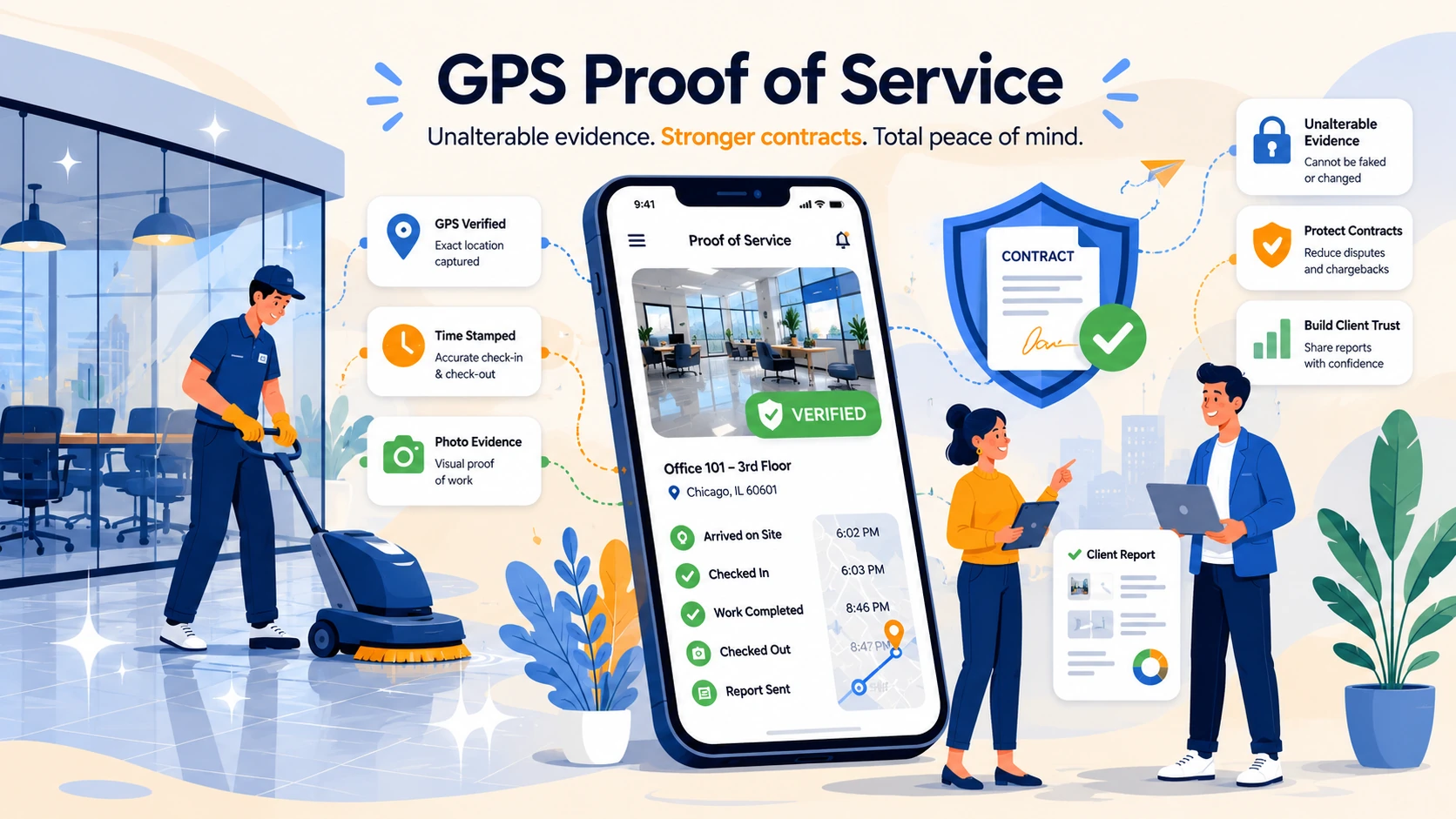GPS proof of service with time-stamped photo verification for cleaning crews