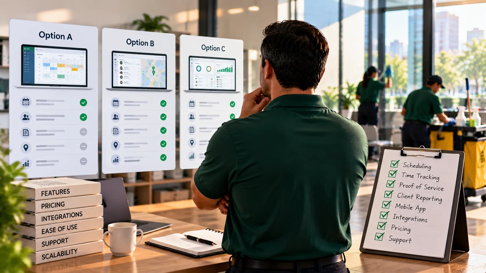 Janitorial company owner reviewing janitorial service software options with a printed selection scorecard