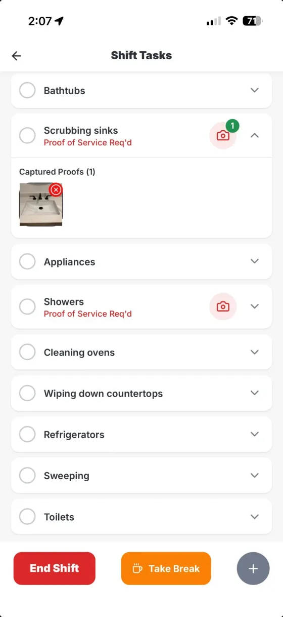 ProTeams field app showing shift tasks that require photo proof of service